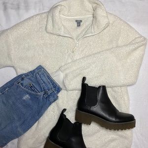 Aerie White Fleece Pullover Quarter Zip Jacket